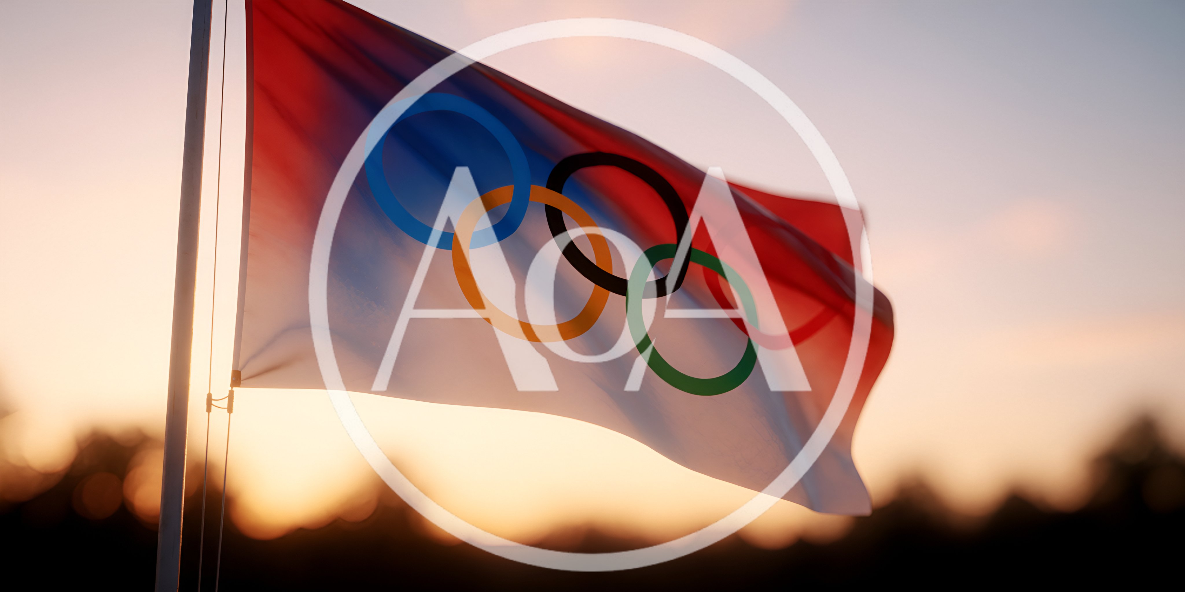 Olympic Flag Waving Against A Sunset Sky