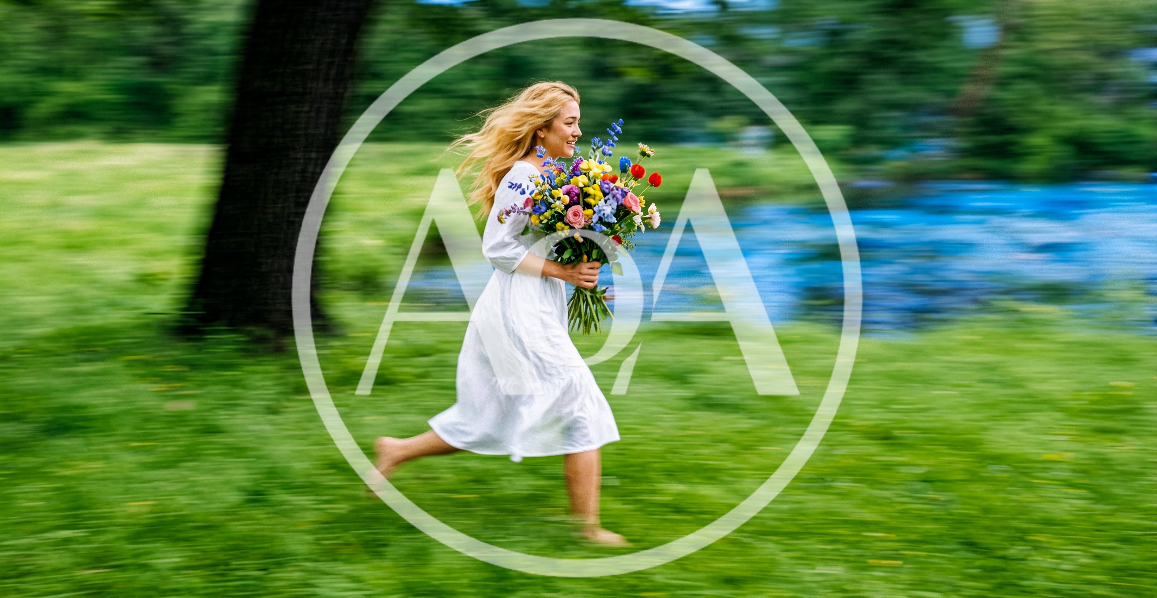 Young Woman Running Through Park With Flower Bouquet