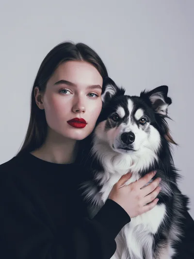 Young Woman Posing With Her Black And White Dog