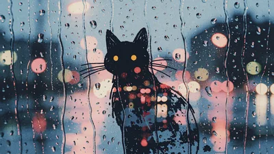 Black Cat Silhouette Drawn On Rainy Window Glass