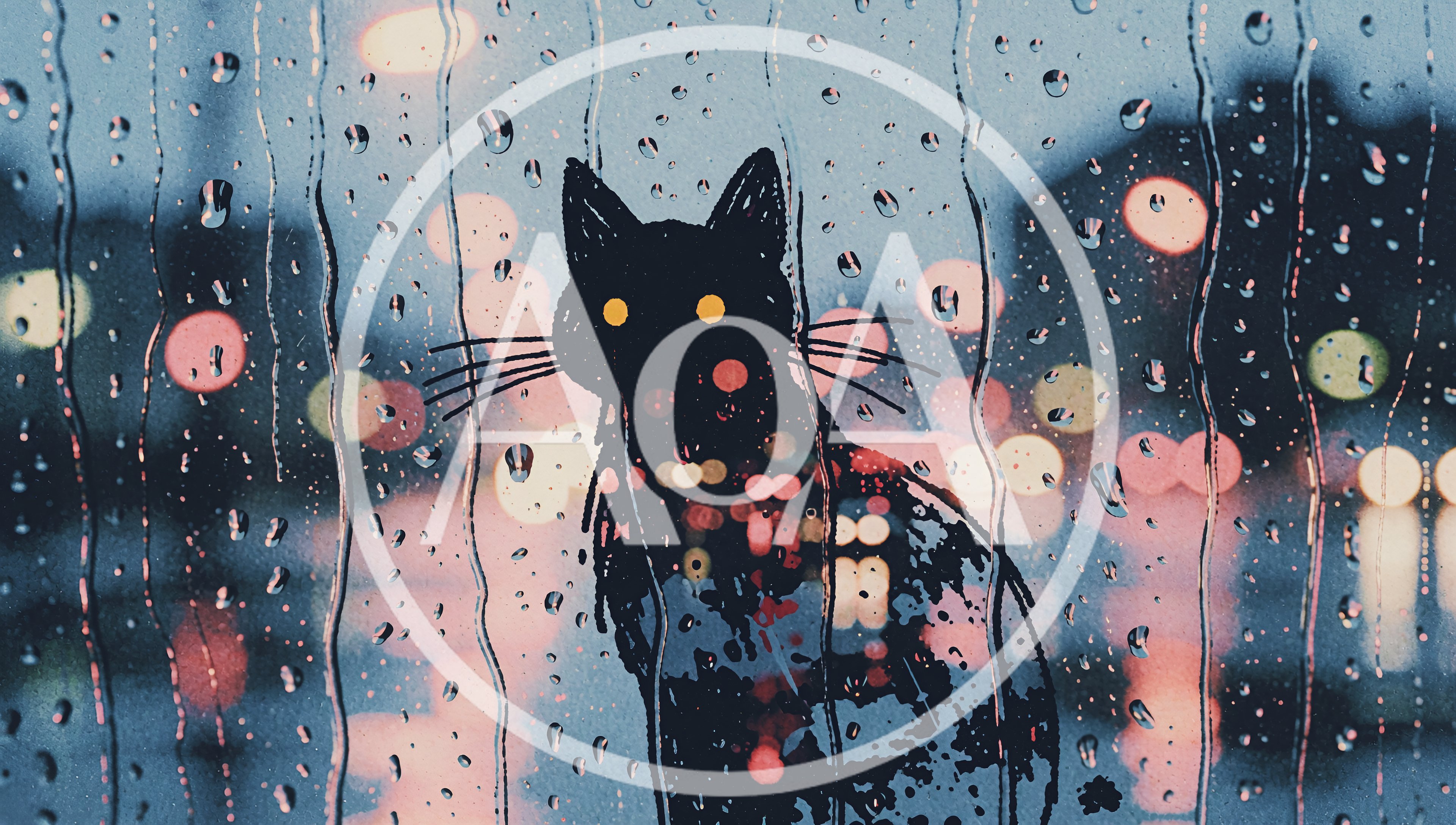Black Cat Silhouette Drawn On Rainy Window Glass