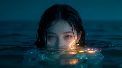 Woman With Glowing Eyes Emerging From Dark Water