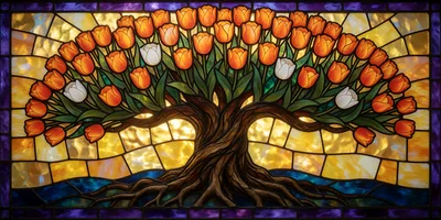 Stained Glass Tree With Orange And White Tulips