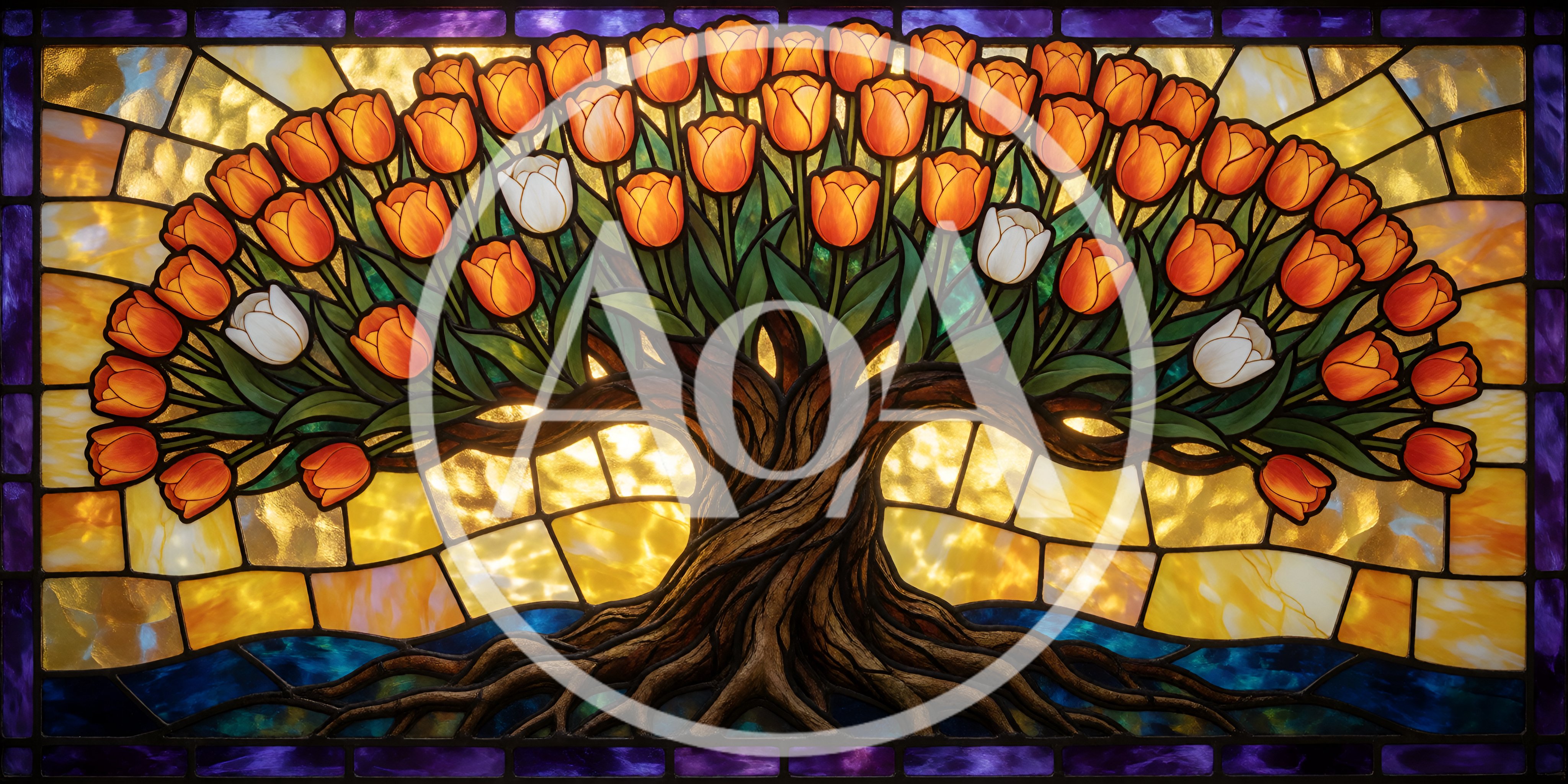 Stained Glass Tree With Orange And White Tulips