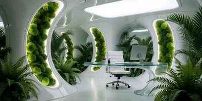 Futuristic Office Interior With Biophilic Design Elements