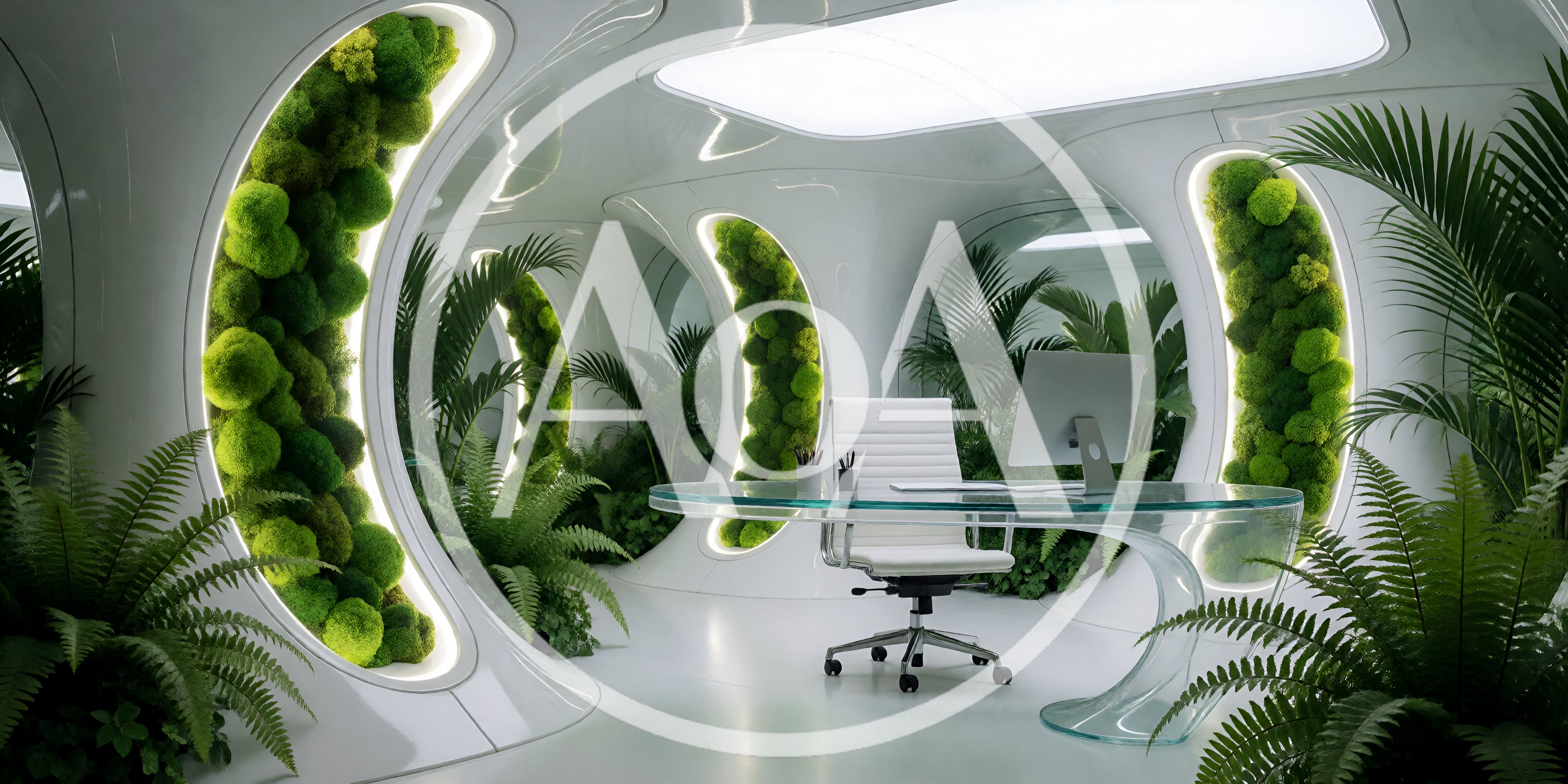 Futuristic Office Interior With Biophilic Design Elements