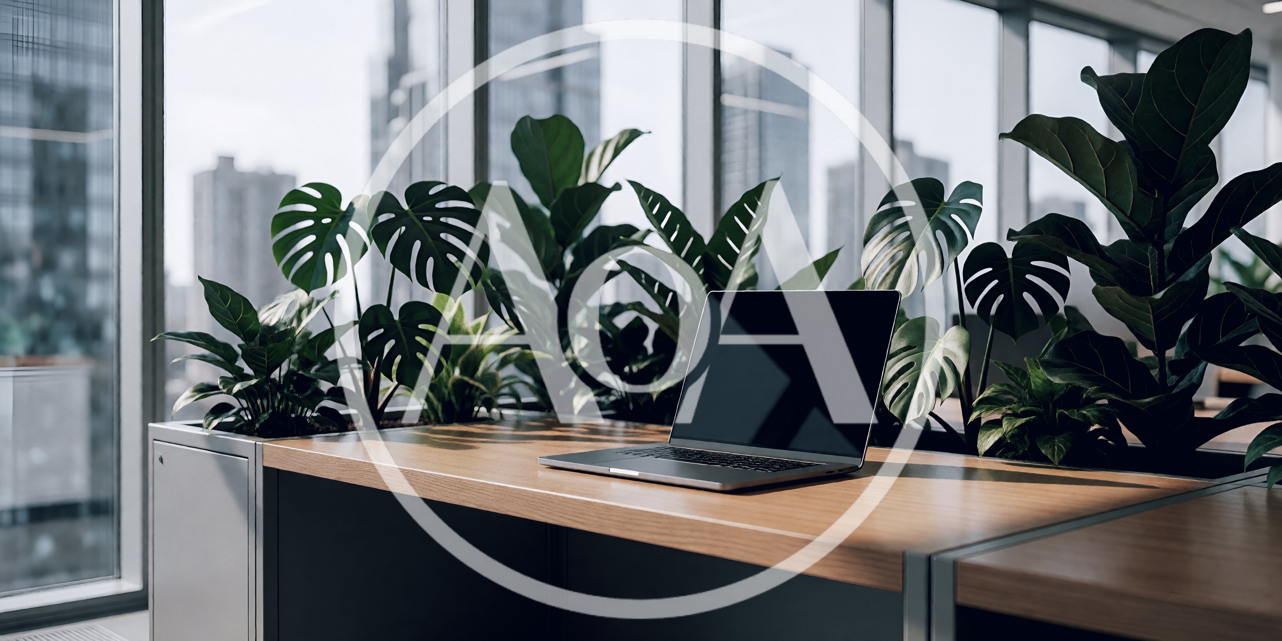 Modern Office Desk With Laptop And Indoor Plants