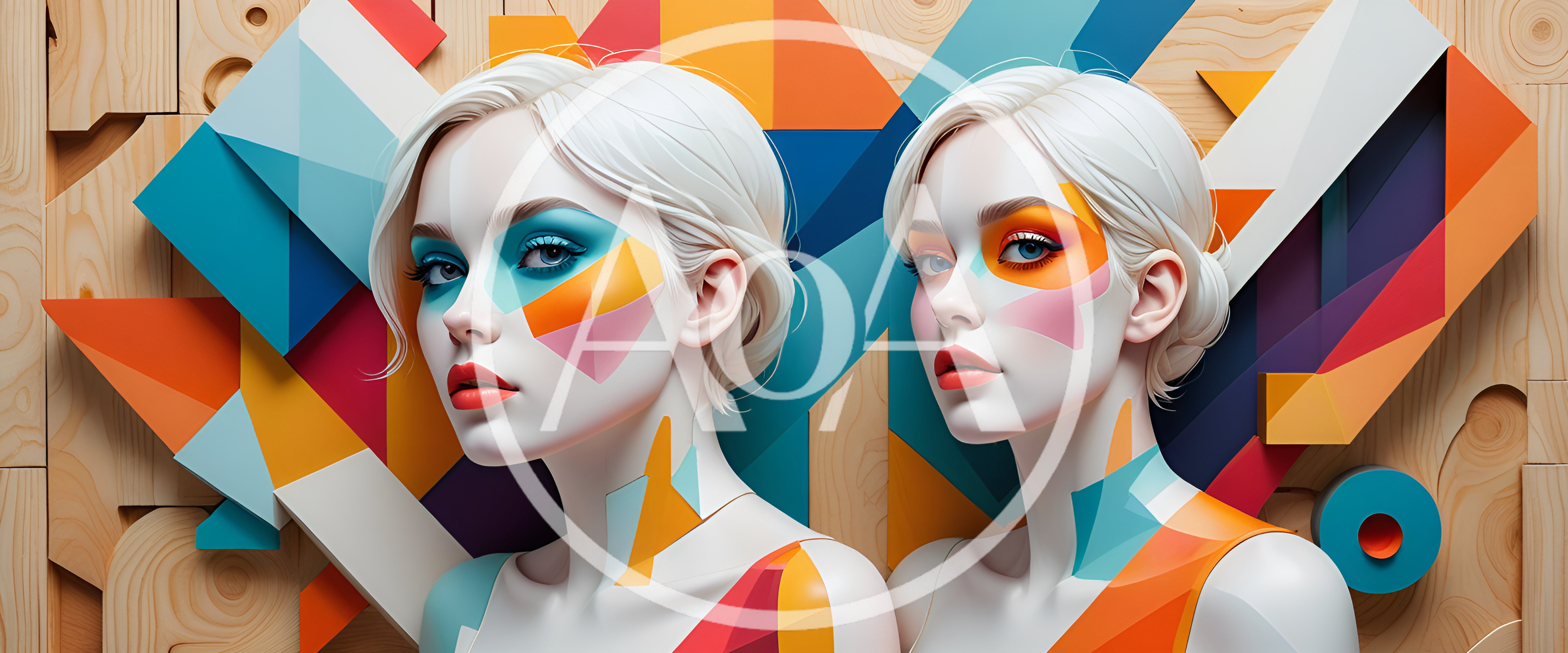 Two Women With Geometric Face Paint And Abstract Background