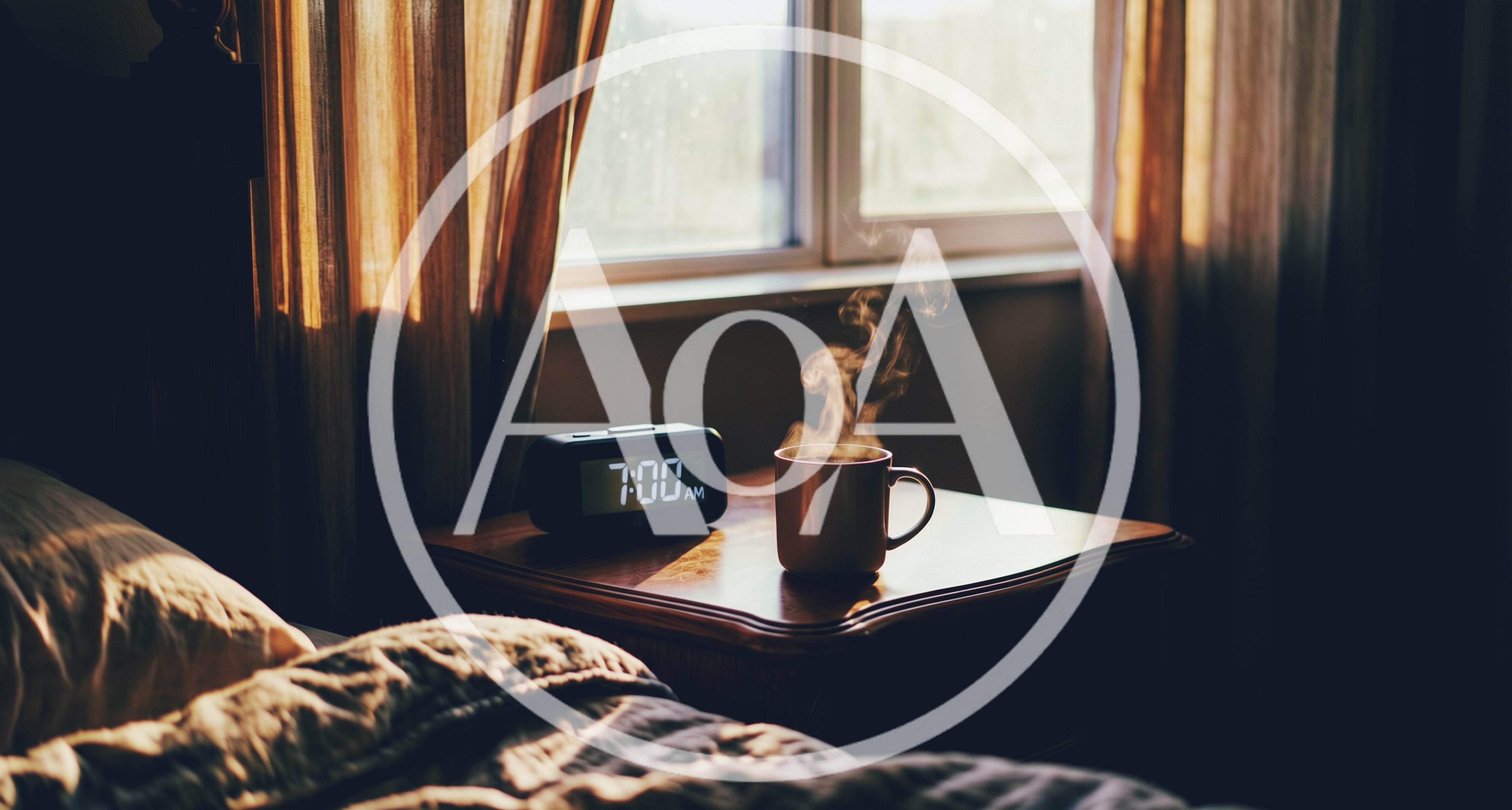 Steaming Coffee Mug On Nightstand At Seven AM