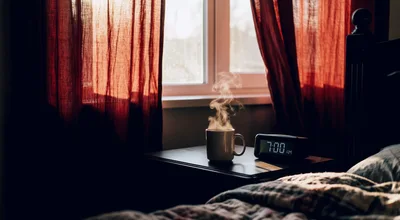 Steaming Coffee Mug On Nightstand At Seven AM
