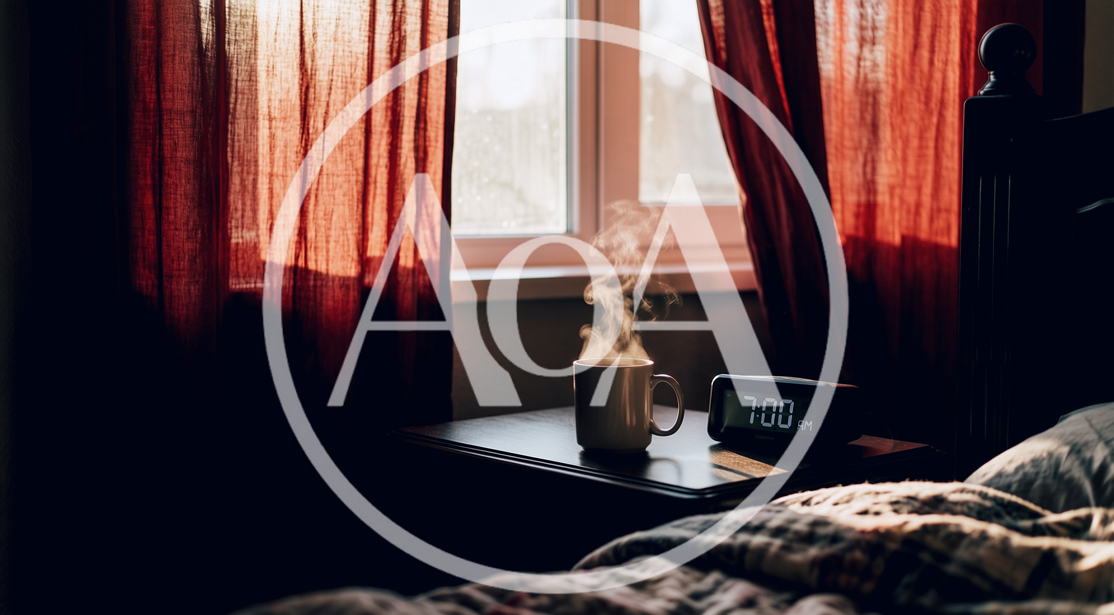 Steaming Coffee Mug On Nightstand At Seven AM