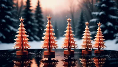 Five Paper Christmas Trees on Reflective Surface