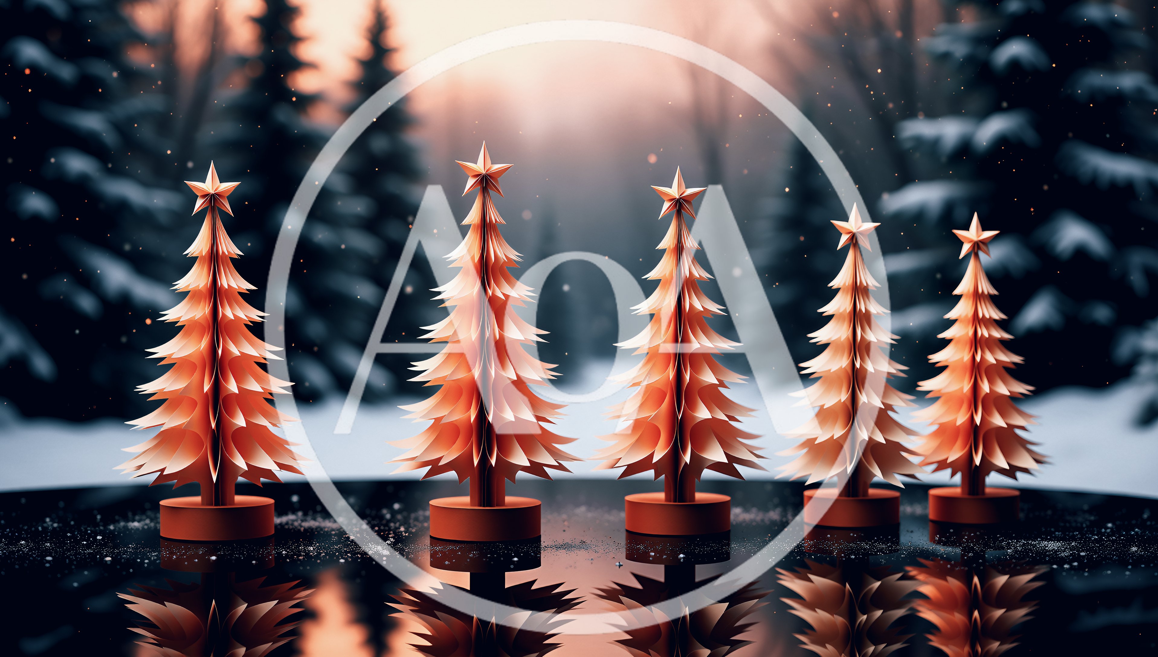 Five Paper Christmas Trees on Reflective Surface