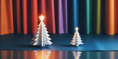 Two Minimalist White Christmas Trees On Stage