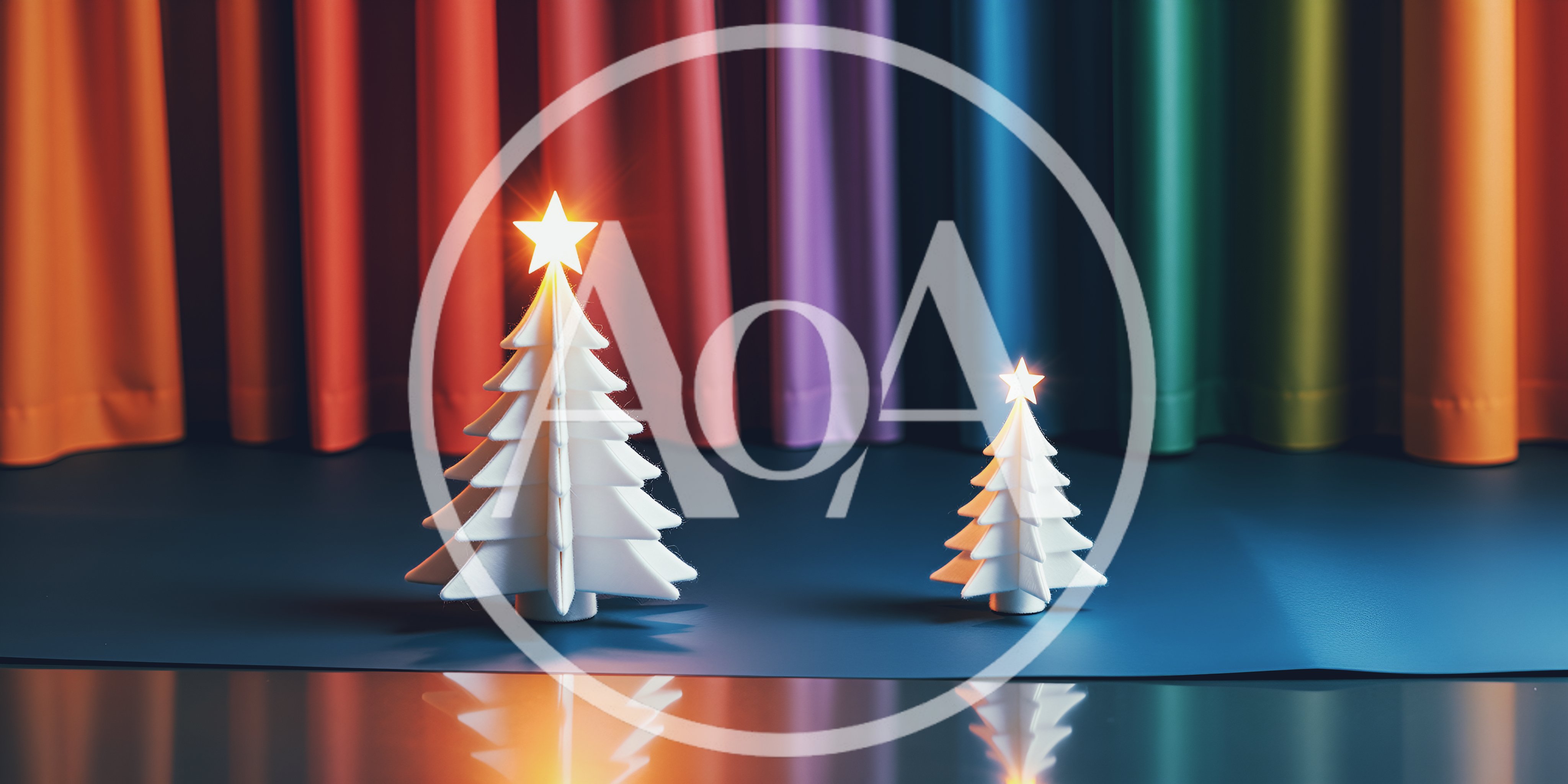 Two Minimalist White Christmas Trees On Stage