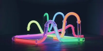 Abstract Neon Glowing Tubes On Dark Reflective Surface