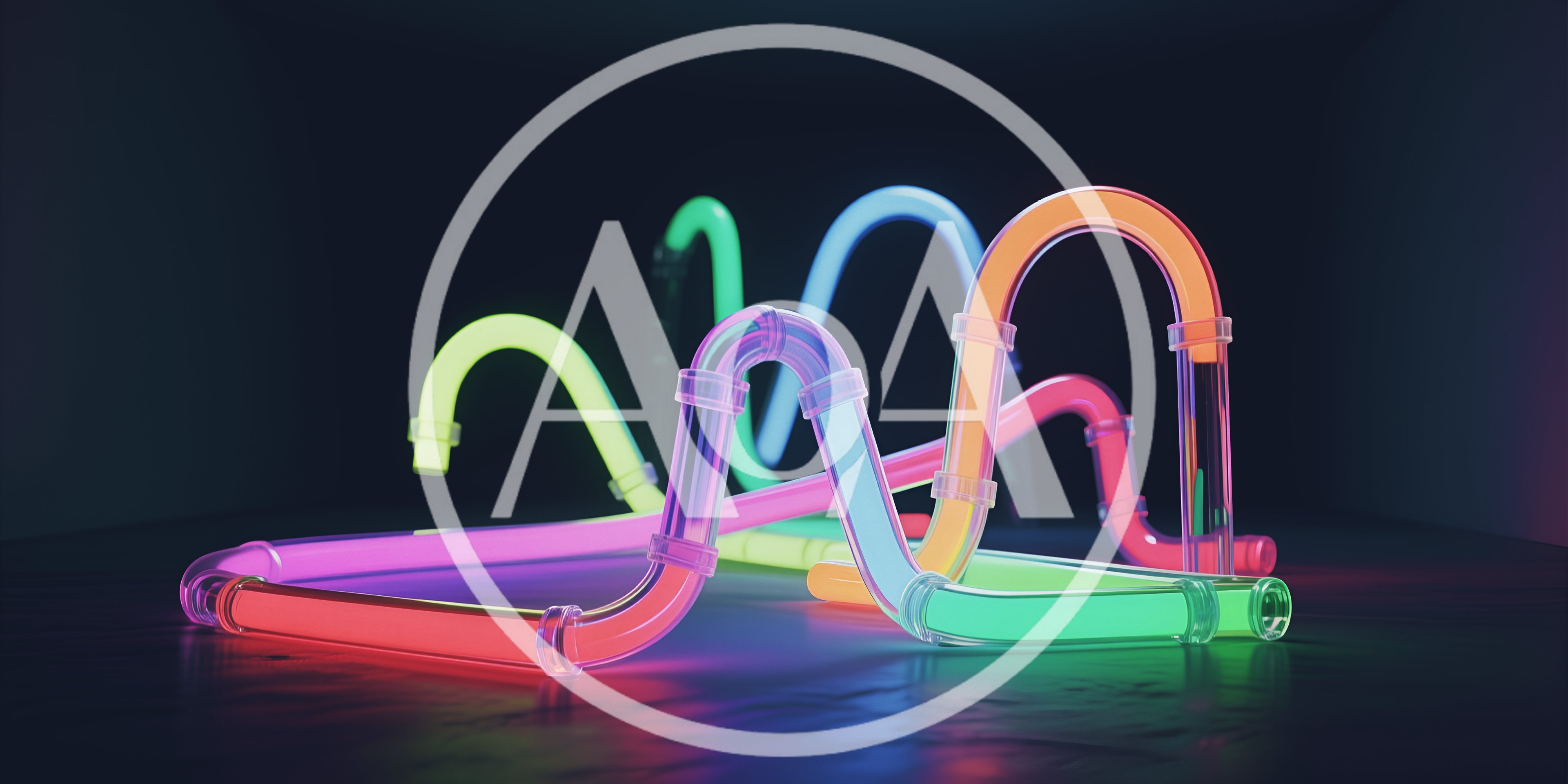 Abstract Neon Glowing Tubes On Dark Reflective Surface