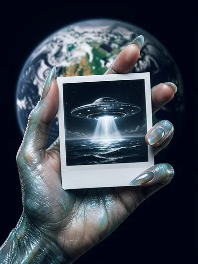 Alien Hand Holding A UFO Polaroid Photograph