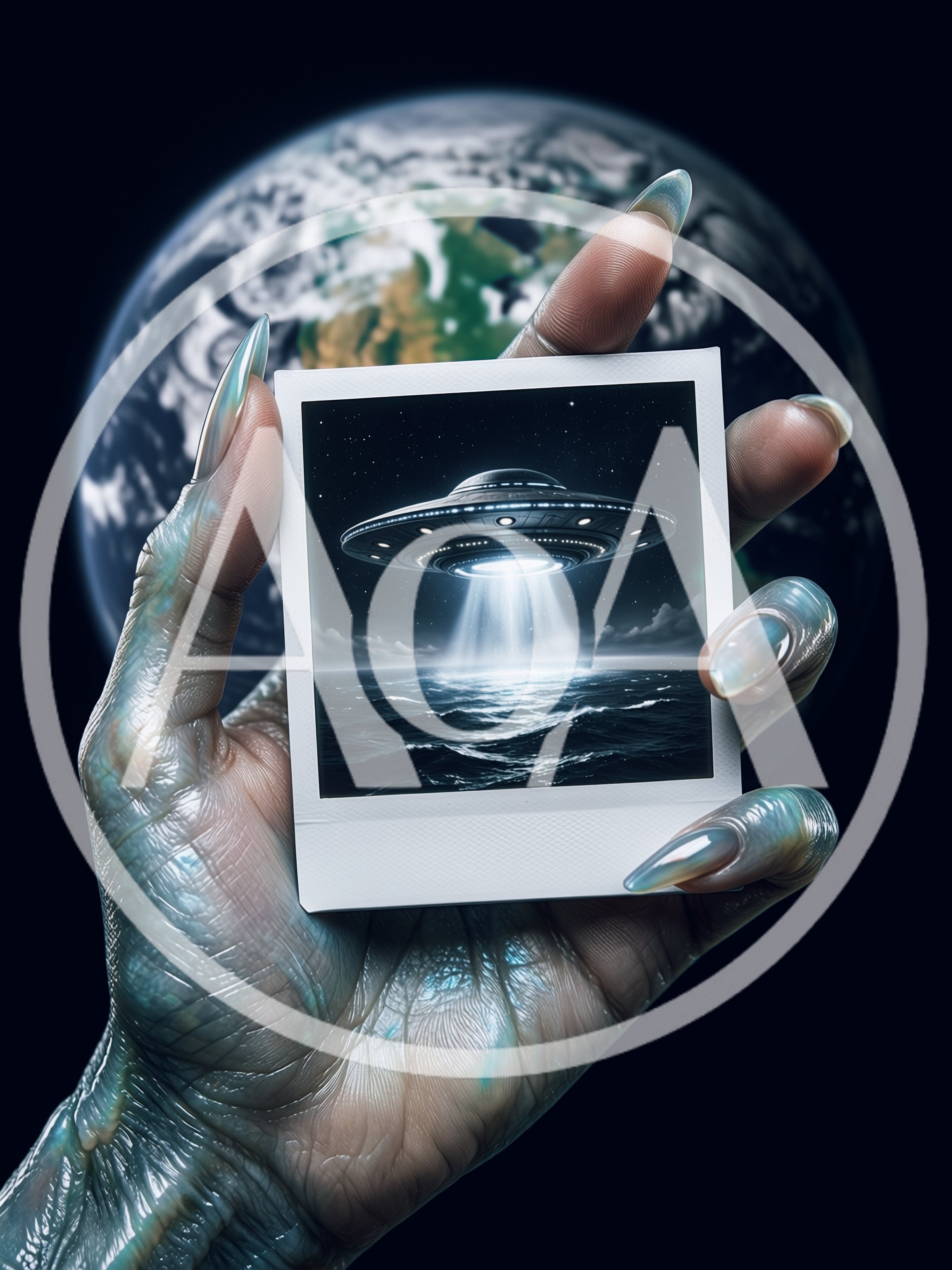 Alien Hand Holding A UFO Polaroid Photograph