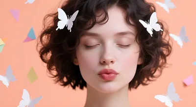 Young Woman With Closed Eyes And Paper Butterflies