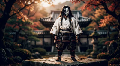 Samurai Warrior Wearing Traditional Mask In Japanese Garden