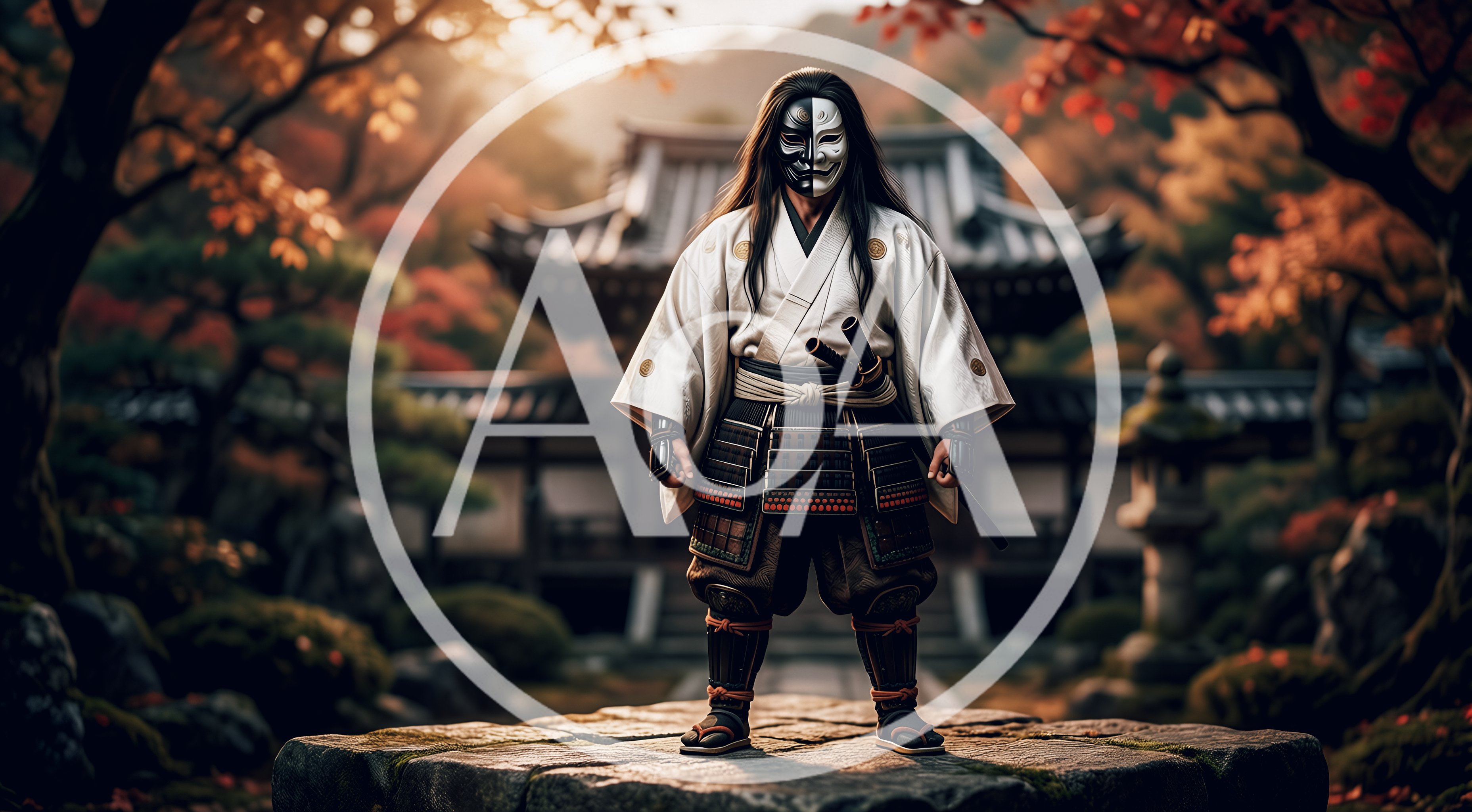 Samurai Warrior Wearing Traditional Mask In Japanese Garden