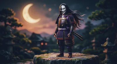 Samurai Warrior Standing On Rock Under Crescent Moon