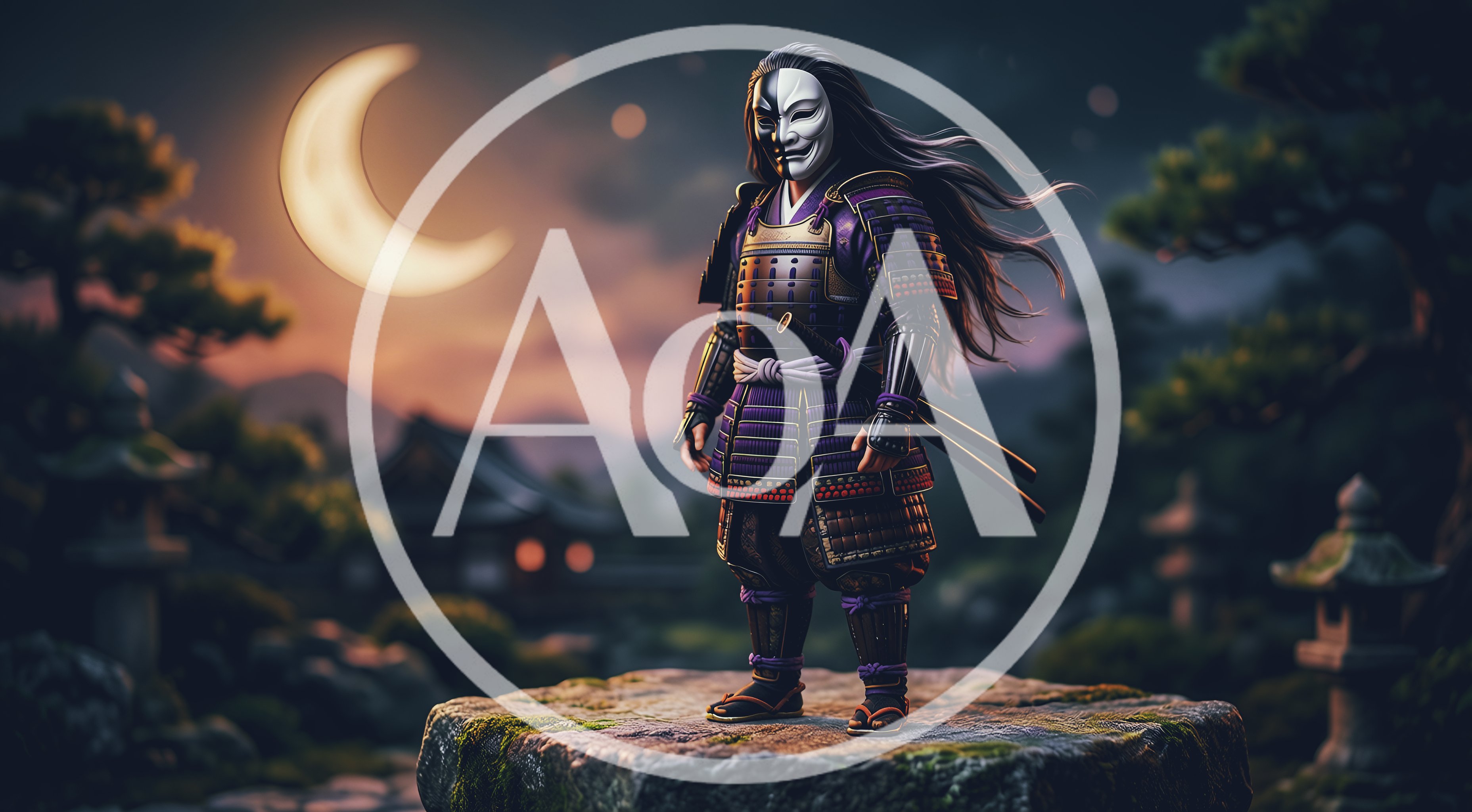 Samurai Warrior Standing On Rock Under Crescent Moon