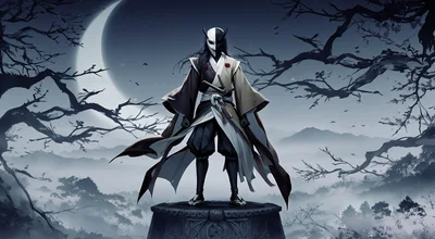 Samurai Warrior Standing Under A Crescent Moon