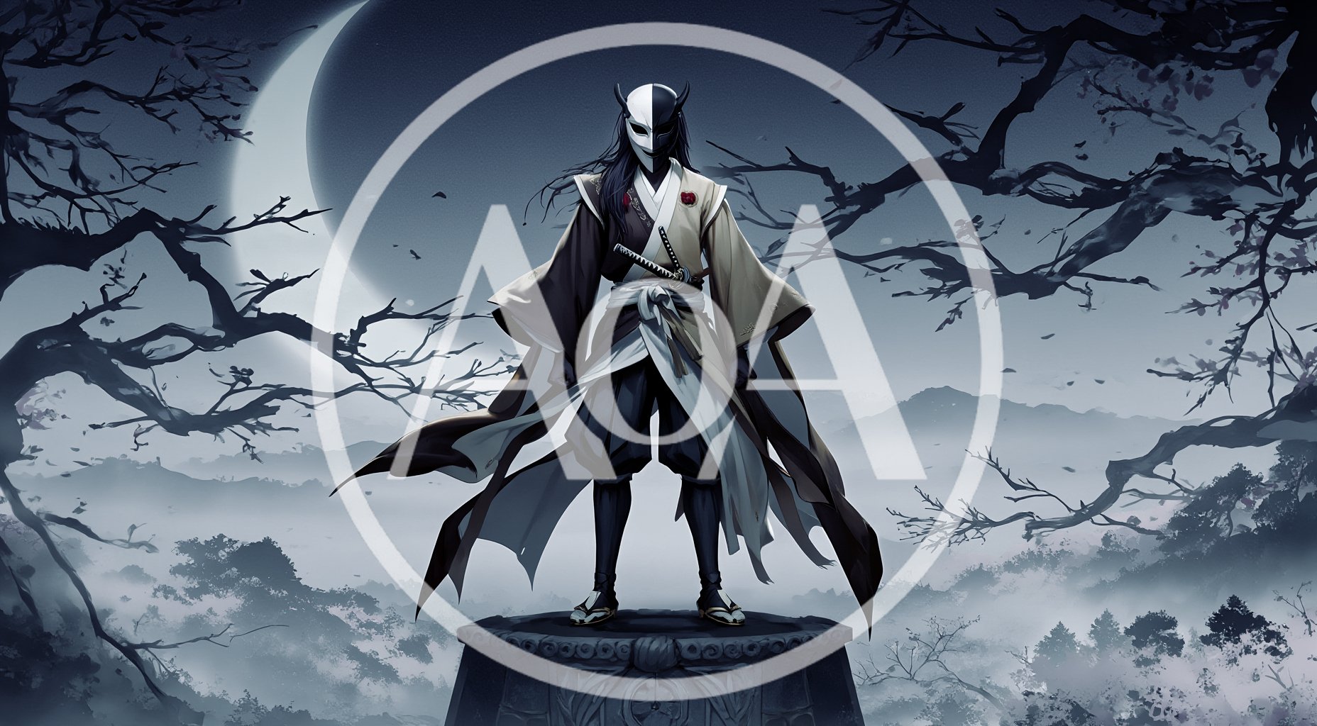 Samurai Warrior Standing Under A Crescent Moon