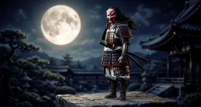 Samurai Warrior Standing On Stone Platform Under Full Moon