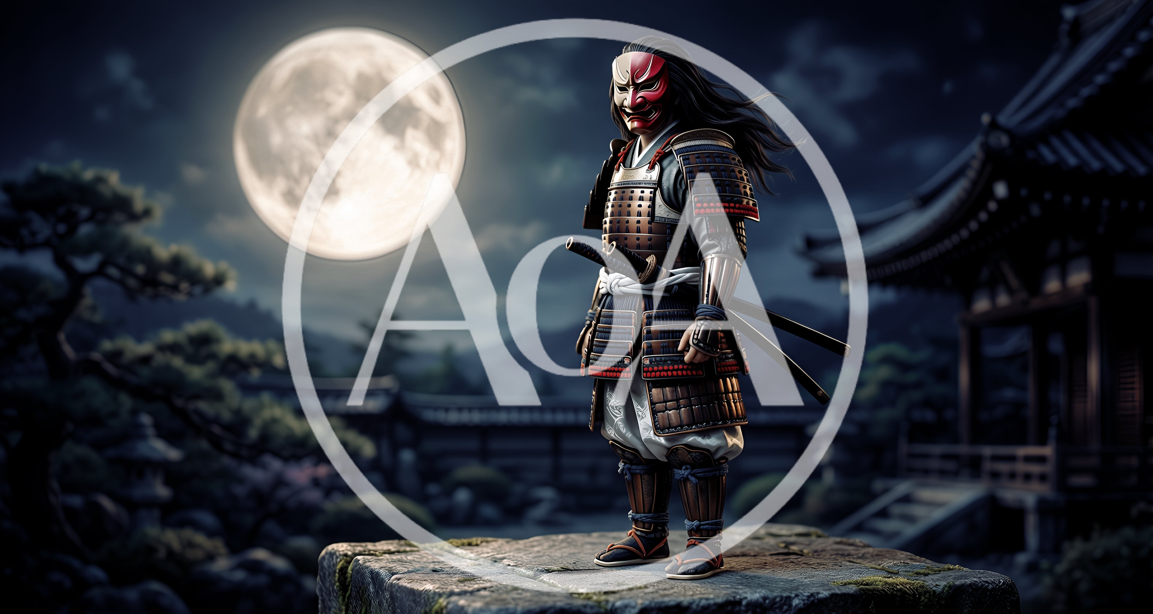 Samurai Warrior Standing On Stone Platform Under Full Moon