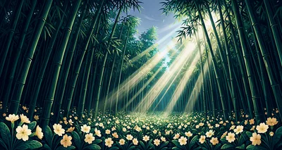 Sunlight Streaming Through A Lush Bamboo Forest