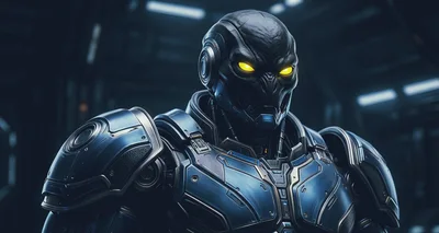 Futuristic Cyborg Soldier With Glowing Yellow Eyes