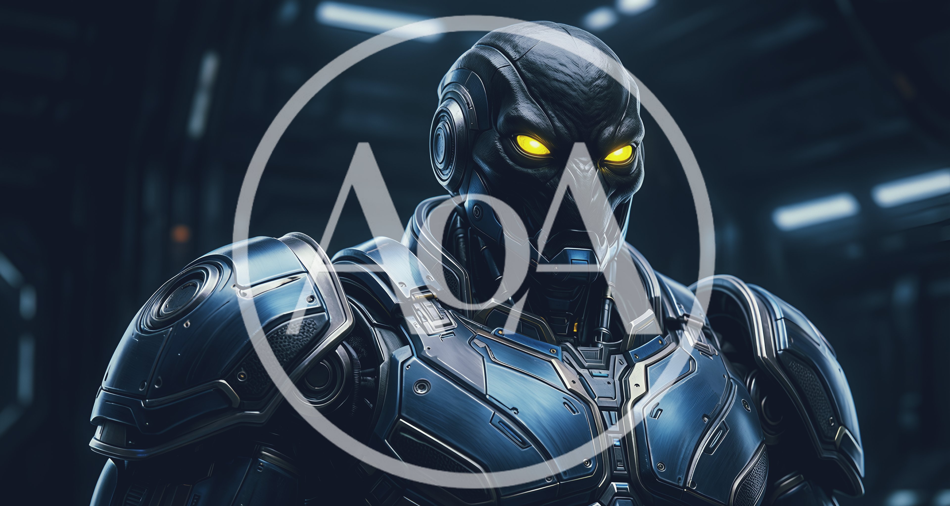 Futuristic Cyborg Soldier With Glowing Yellow Eyes