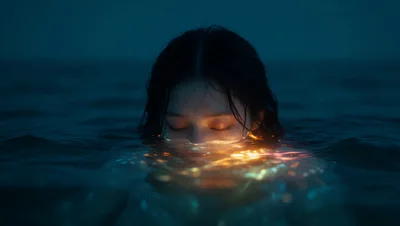 Woman Submerged In Dark Water With Glowing Light