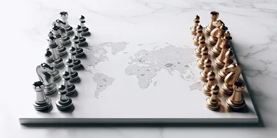 Silver and Gold Chess Pieces on World Map Board
