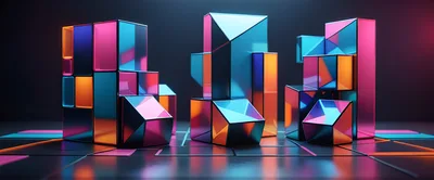 Abstract Neon Geometric Blocks On Reflective Surface