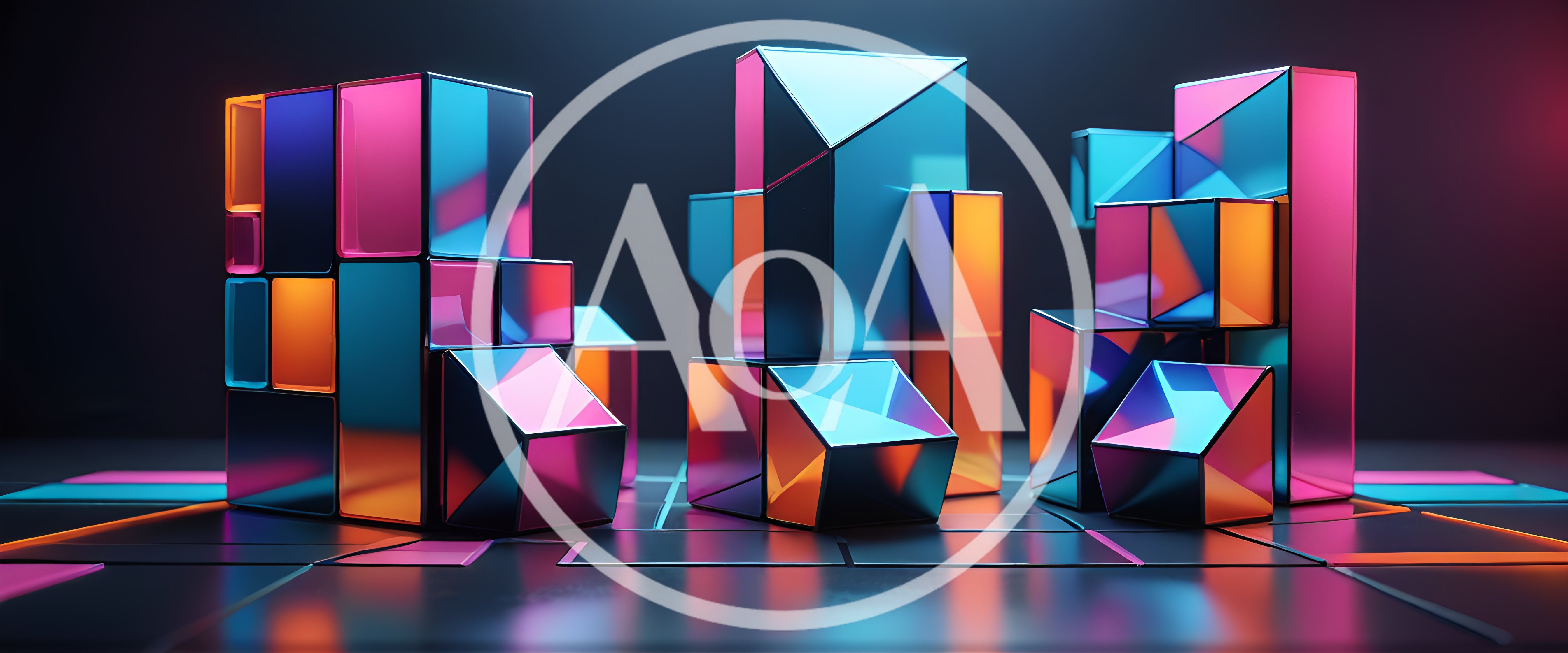 Abstract Neon Geometric Blocks On Reflective Surface