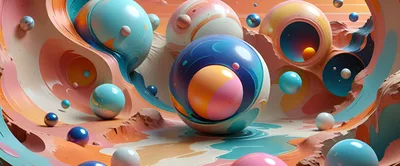 Abstract Surreal Landscape With Floating Spheres And Liquid Terrain