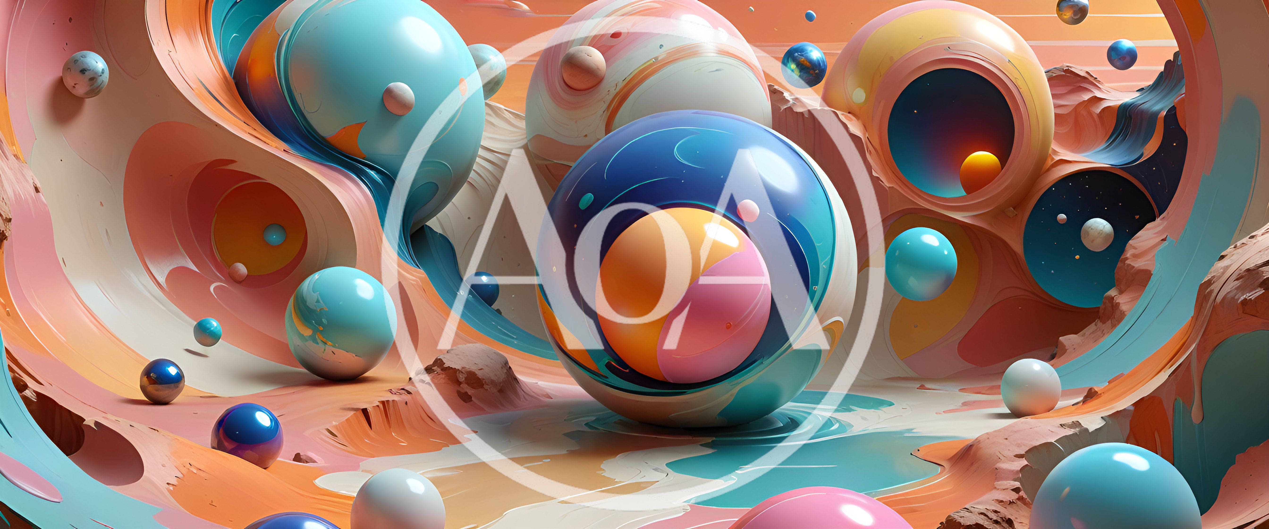 Abstract Surreal Landscape With Floating Spheres And Liquid Terrain