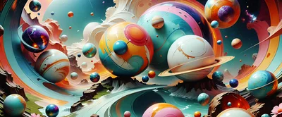 Surreal Cosmic Landscape With Floating Colorful Planets