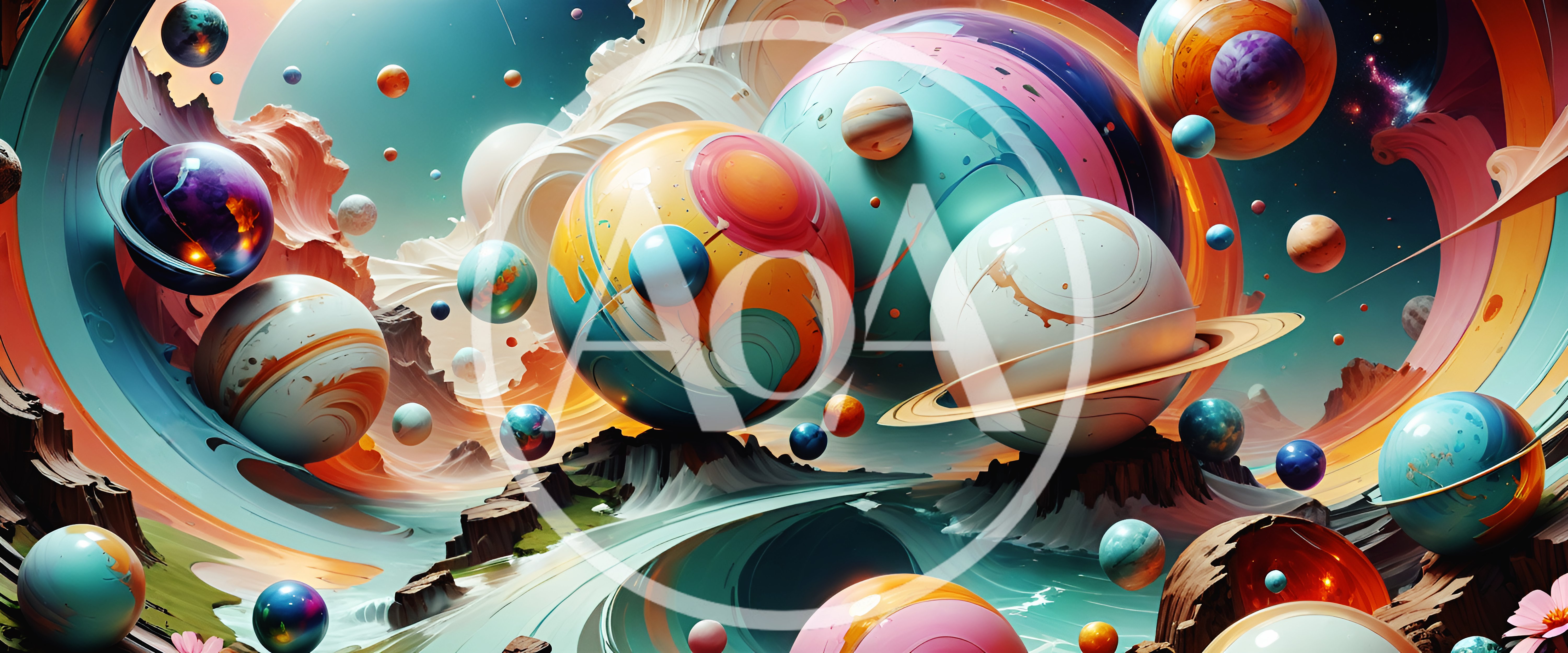 Surreal Cosmic Landscape With Floating Colorful Planets