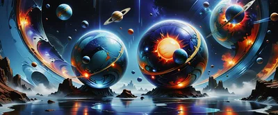 Surreal Cosmic Landscape With Floating Spherical Planets