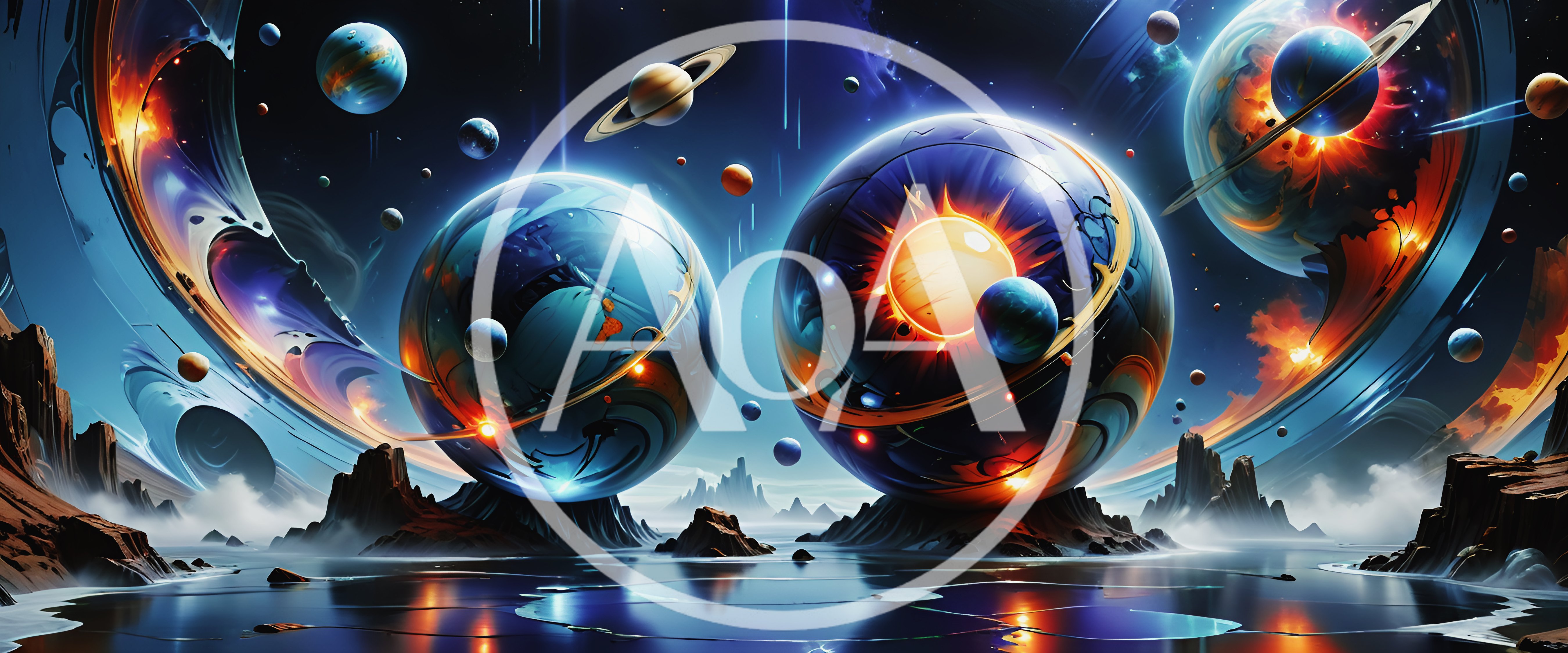 Surreal Cosmic Landscape With Floating Spherical Planets