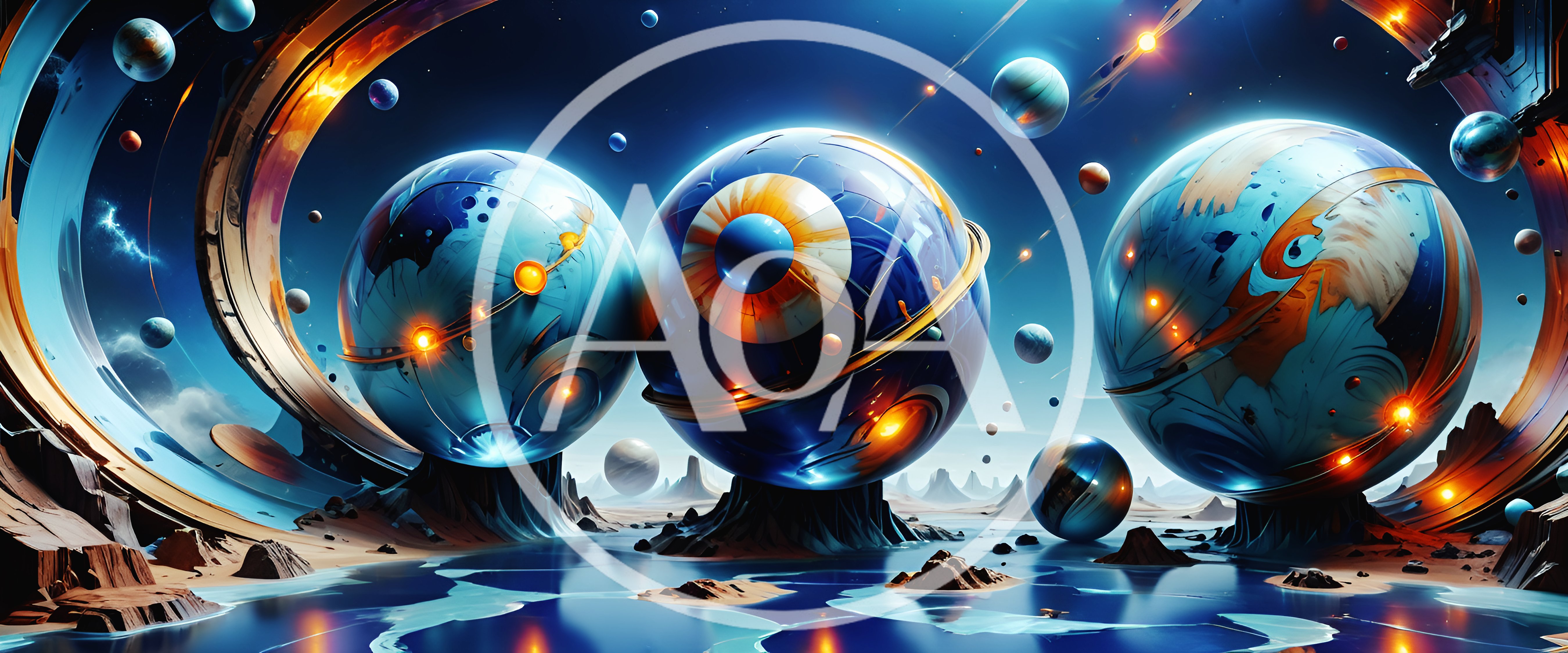 Surreal Cosmic Landscape With Three Floating Spheres