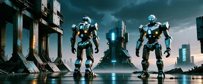 Two Futuristic Robots Standing In A Cyberpunk Industrial Landscape