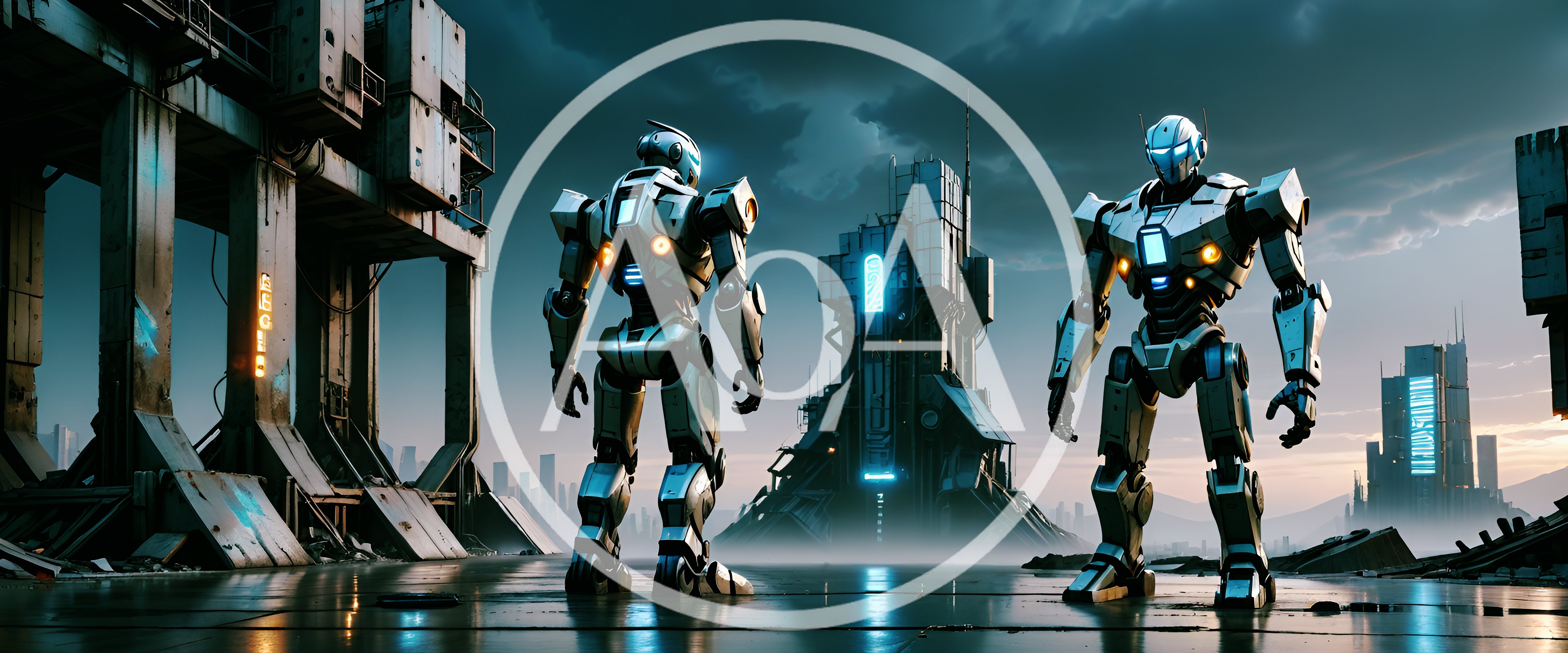 Two Futuristic Robots Standing In A Cyberpunk Industrial Landscape