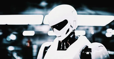 Futuristic Humanoid Robot Standing In A High Tech Laboratory