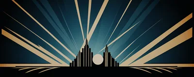 Art Deco Style Cityscape Silhouette With Sunburst Background